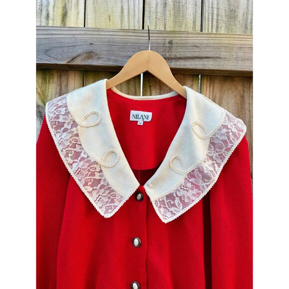Reworked Vintage Red Cardigan with Lace Collar - Grandmillenial - Holiday - Picture 6 of 10